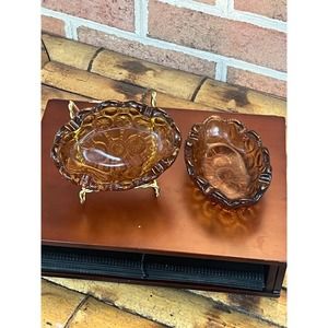 Pair of L E Smith Amber Oval Ashtrays Soap Dish Moon and Stars
